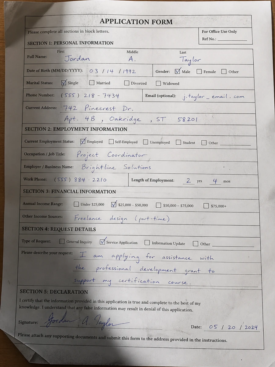 Before: A handwritten form is angled, shadowed, smudged, and slightly blurred.